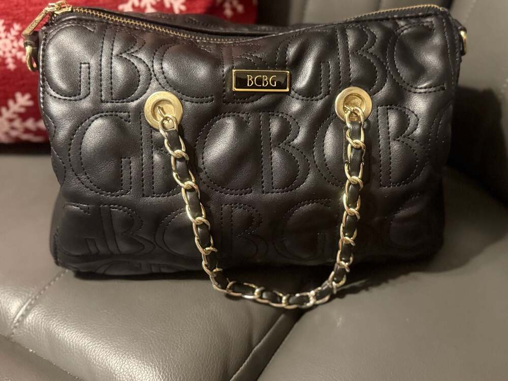 BCBG Black Quilted Logo Satchel Bag with Gold-Tone Chain Details